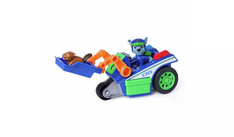 PAW Patrol Rocky Rescue Recycler blue and green vehicle with orange claw arm extended and Rocky figure seated, front angle