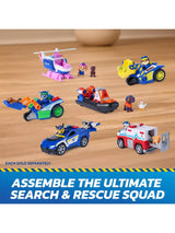 PAW Patrol Search & Rescue figures and vehicles shown together on a wooden floor
