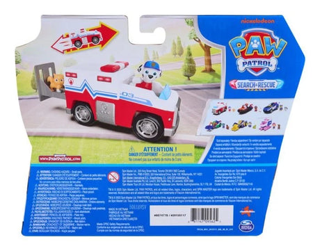 Back of PAW Patrol Search and Rescue Marshall Rescue Responder packaging showing product in use with multilingual safety warnings and age 3 plus rating