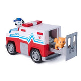 Rear three-quarter view of PAW Patrol Marshall Rescue Responder with rear doors open showing orange cat figure inside the vehicle bay and Marshall figure on roof