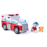 Red and white PAW Patrol Marshall Rescue Responder ambulance numbered 03 with Marshall figure and small orange cat figure displayed alongside on white background