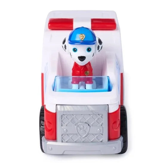 Front-facing view of PAW Patrol Marshall Rescue Responder showing Marshall dalmatian figure in open cab with red and white ambulance body and blue light bar
