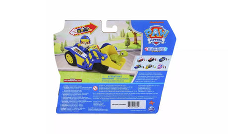 Back of PAW Patrol Search and Rescue Rubble Rescue Bulldozer packaging showing product in use with multilingual safety warnings and age 3 plus rating