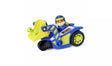 Blue and yellow PAW Patrol Rubble Rescue Bulldozer with Rubble figure seated in vehicle and small green turtle figure on white background