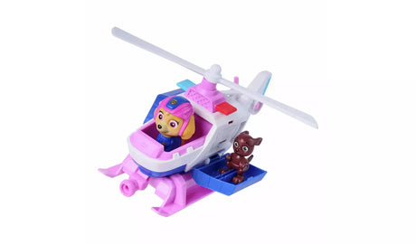 Pink and white PAW Patrol Skye Rescue Helicopter with Skye figure seated in open cockpit and small brown animal figure on blue side platform