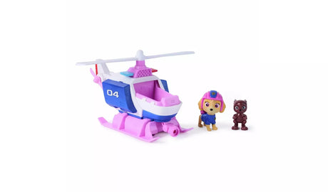 Front view of PAW Patrol Skye Rescue Helicopter numbered 04 with white rotor blades and pink skids, with Skye figure and brown animal figure displayed separately alongside