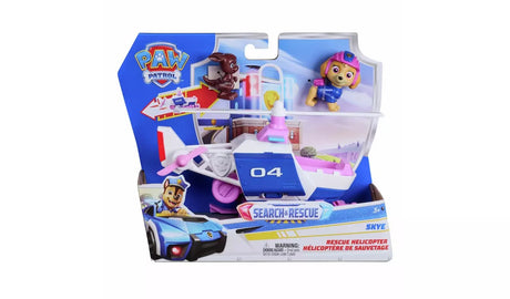 PAW Patrol Search and Rescue Skye Rescue Helicopter toy in retail packaging with Skye figure in pink helmet and small brown dog figure visible