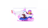 Side view of PAW Patrol Skye Rescue Helicopter showing white and pink body with blue rescue platform, Skye figure in pink helmet in cockpit and brown animal figure in platform