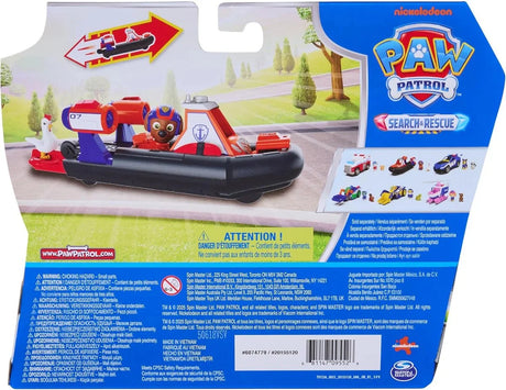 Back of PAW Patrol Search and Rescue Zuma Rescue Hovercraft packaging showing product in use with multilingual safety warnings and age 3 plus rating