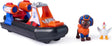 Orange and black PAW Patrol Zuma Rescue Hovercraft with Zuma figure in orange suit and small white chicken figure on white background
