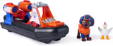 Orange and black PAW Patrol Zuma Rescue Hovercraft with Zuma figure in orange suit and small white chicken figure on white background