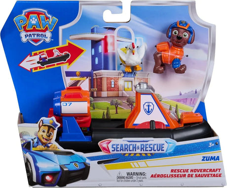 PAW Patrol Search and Rescue Zuma Rescue Hovercraft toy in retail packaging with Zuma figure and chicken figure visible