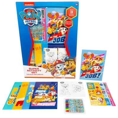 PAW Patrol Super Activity Set box shown with crayons, colouring pages, posters and sticker sheets