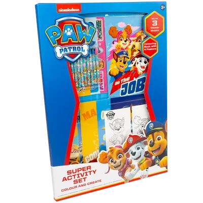 PAW Patrol Super Activity Set shown in front facing box with crayons and colouring pages visible