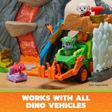 PAW Patrol Dino Movie vehicles shown passing through the Super Lava Blast playset tunnel