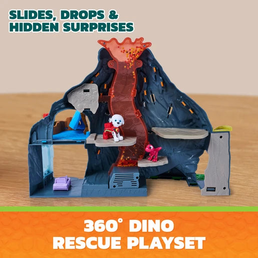PAW Patrol Super Lava Blast volcano playset shown with Marshall and pink dinosaur figures