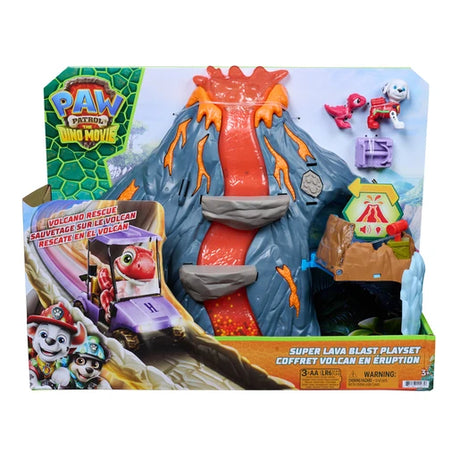 PAW Patrol The Dino Movie Super Lava Blast Playset packaging showing the volcano, Marshall figure and pink dinosaur figure