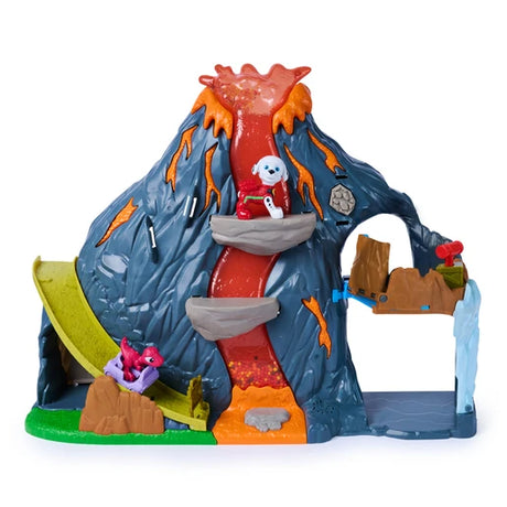 PAW Patrol Super Lava Blast volcano playset with Marshall figure and pink dinosaur in a cart