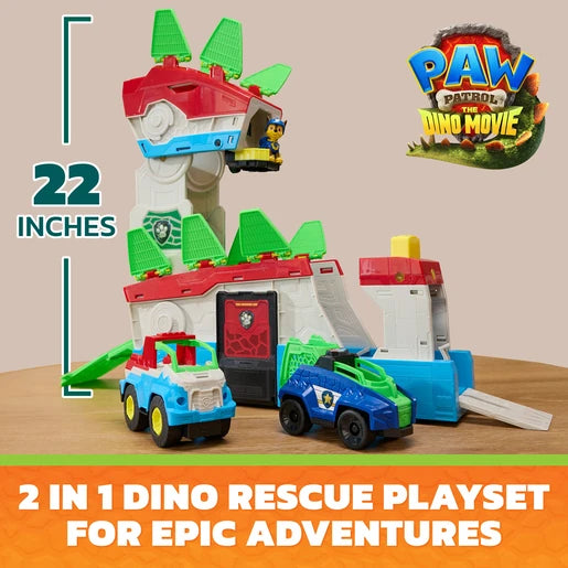 PAW Patrol Dino Mobile Headquarters shown in expanded headquarters form and closed vehicle form with Chase and two vehicles