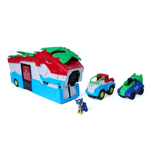 PAW Patrol Dino Mobile Headquarters in vehicle form with two vehicles and Chase figure