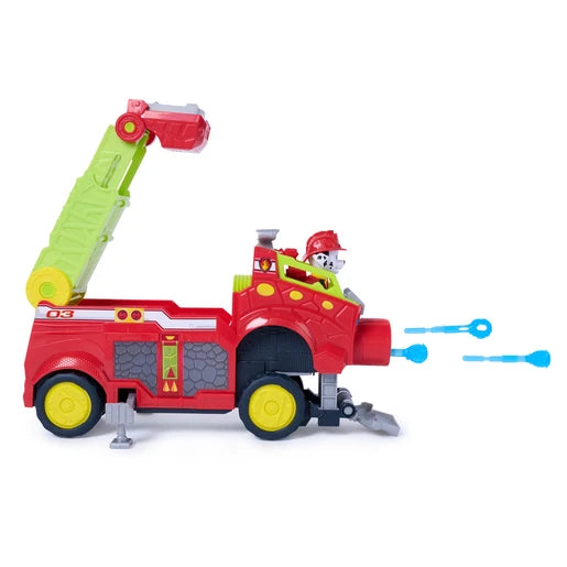 Side view of the Dino Rescue Responder vehicle firing three blue projectiles with the ladder raised