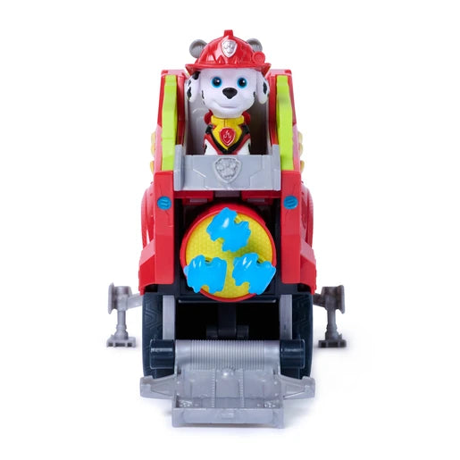 Front view of Marshall in the Dino Rescue Responder vehicle above three blue projectiles and an open grey ramp