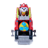 Front view of Marshall in the Dino Rescue Responder vehicle above three blue projectiles and an open grey ramp