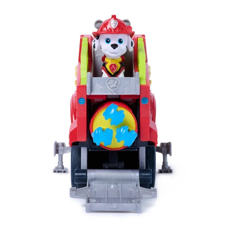 Front view of Marshall in the Dino Rescue Responder vehicle above three blue projectiles and an open grey ramp