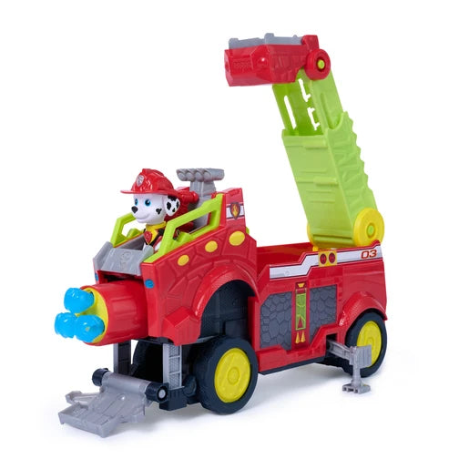 Red PAW Patrol Dino Rescue Responder vehicle with Marshall in the cab, raised green ladder and blue projectiles at the front