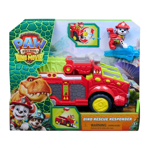 PAW Patrol The Dino Movie Dino Rescue Responder packaging showing the vehicle and Marshall figure