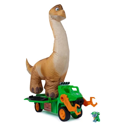 Inflated long neck dinosaur standing on the green Megasaurus Dino Vehicle with Rocky figure beside the front wheel