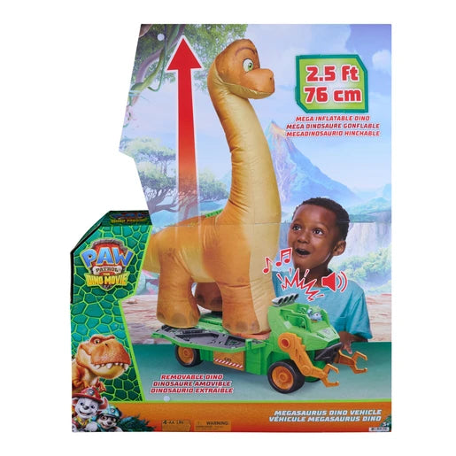 PAW Patrol The Dino Movie Megasaurus Dino Vehicle packaging showing the inflatable dinosaur, vehicle and Rocky figure