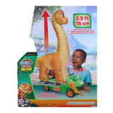 PAW Patrol The Dino Movie Megasaurus Dino Vehicle packaging showing the inflatable dinosaur, vehicle and Rocky figure