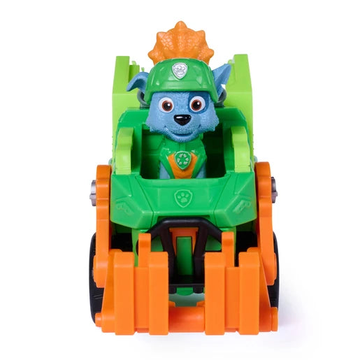 Front view of the green Rocky Dino Rescue Recycler with Rocky figure, orange front claw and dinosaur figure behind him