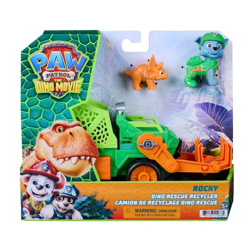 PAW Patrol The Dino Movie Rocky Dino Rescue Recycler packaging showing the vehicle, Rocky figure and orange dinosaur figure