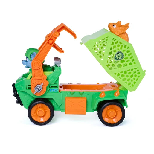 Side view of the Rocky Dino Rescue Recycler with the orange claw and green rear basket raised