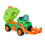 Three quarter view of the green Rocky Dino Rescue Recycler with Rocky in the driver's seat and orange dinosaur figure at the rear
