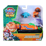 PAW Patrol The Dino Movie Zuma Dino Rescue Hovercraft packaging showing the hovercraft, Zuma figure and blue dinosaur figure