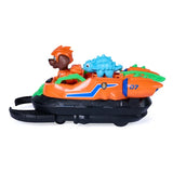 Side view of the orange Zuma Dino Rescue Hovercraft with Zuma and the blue dinosaur figure aboard
