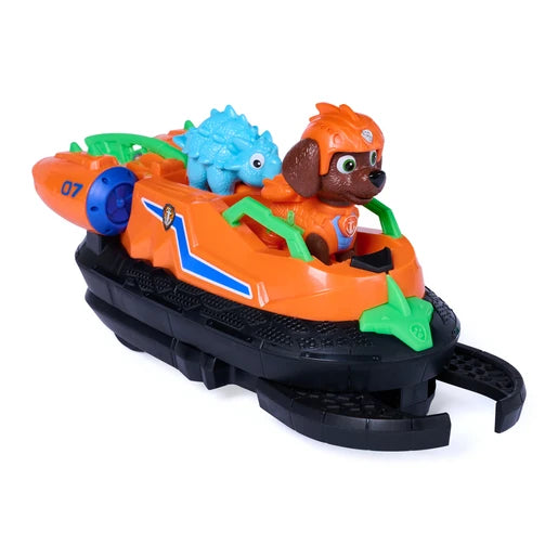 Zuma seated in the orange Dino Rescue Hovercraft with the blue dinosaur behind him and the black front claw extended