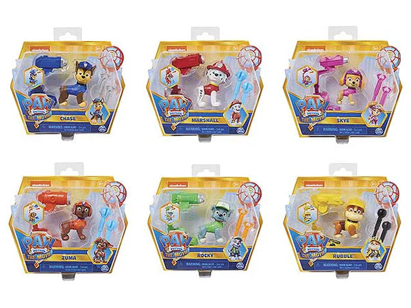PAW Patrol The Movie Hero Pup figure assortment shown in six packaged variants