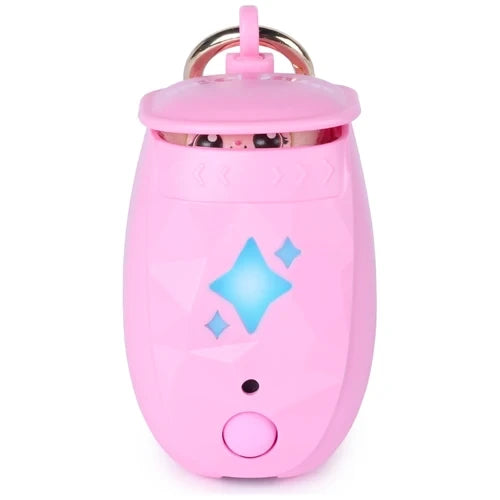 Pink Peekimo interactive digital pet with its lid nearly closed, showing the pet's eyes through the narrow opening and blue illuminated star shapes above the circular button.