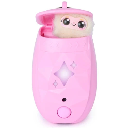 Pink Peekimo interactive digital pet with large eyes and fluffy cream coloured fur peeking out of its open pink pod, featuring illuminated star shapes and a circular button.