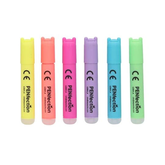 Reverse sides of the six PENfection mini highlighters showing PENfection branding and CE markings