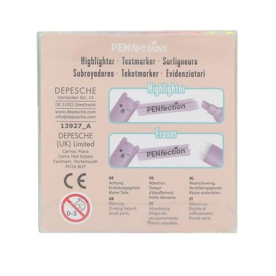 Back of the PENfection erasable mini highlighter set packaging with product information and warning symbols 