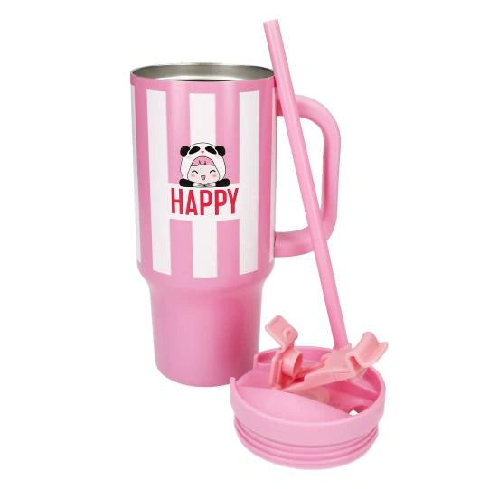 PENfection HAPPY cup with handle beside the removed pink lid and straw