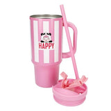 PENfection HAPPY cup with handle beside the removed pink lid and straw