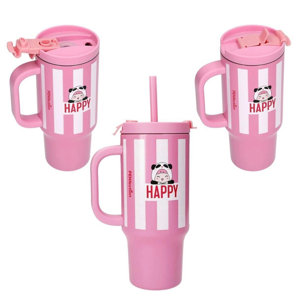 Three PENfection HAPPY cups showing the cup with straw, closed lid and open drinking lid
