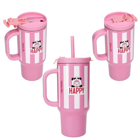 Three PENfection HAPPY cups showing the cup with straw, closed lid and open drinking lid
