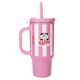 PENfection HAPPY cup with pink and white stripes, handle, fitted lid and pink straw